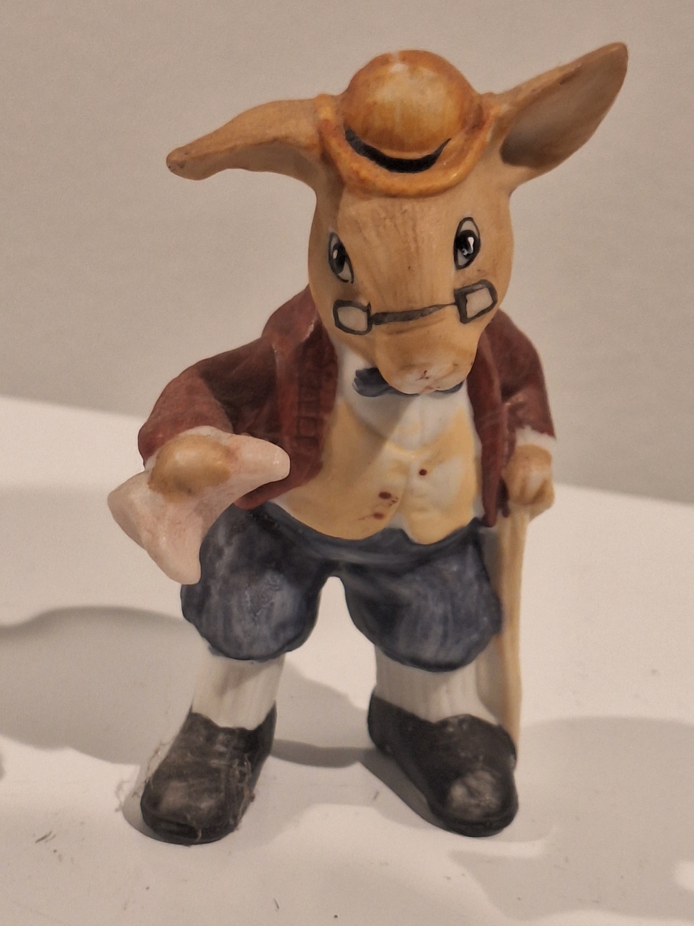 Lefton Vintage Anthropomorphic Rabbit Figurine in Tan, Brown, Blue